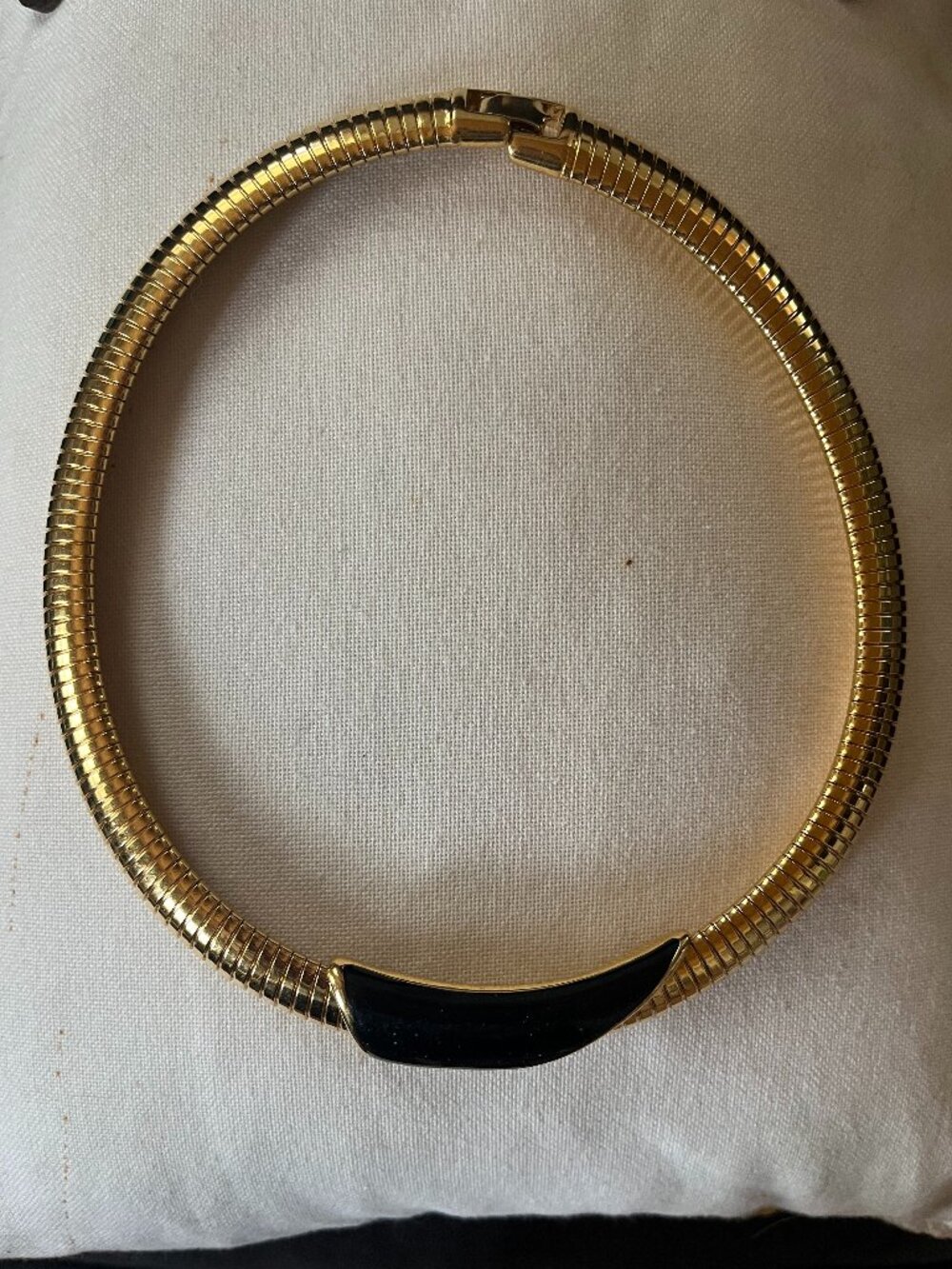 Vintage MONET Gold Tone Omega Collar Necklace Black Enamel 1980s